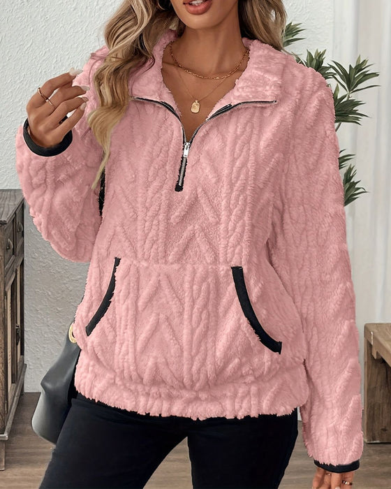 Bluza Z Klapami Zipper Przód Welurowy