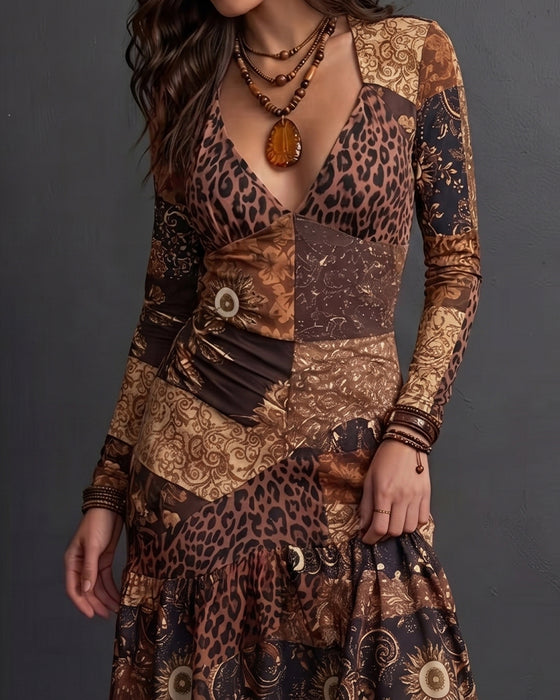 Sukienka V-Nadruk Leopard Print Falbanki Długi Rękaw
