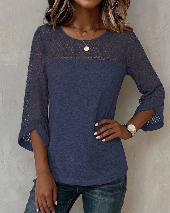 T-Shirt Hollow Out Długi Rękaw Patchwork