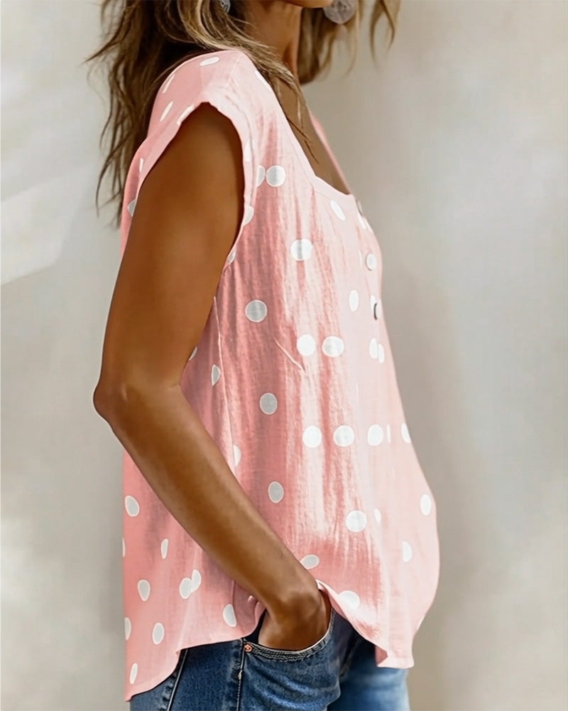 T-Shirt Kwadratowy Dekolt W Kropki Krótki Rękaw