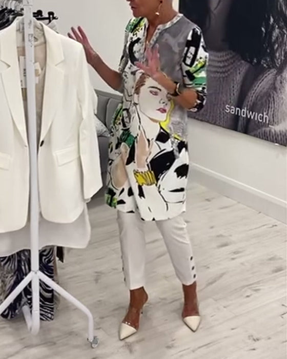 Długa bluzka z nadrukiem zapinana na guziki