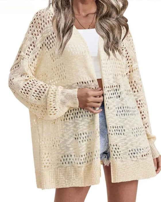 Cardigan Jednolity Kolor Ażurowy Casual