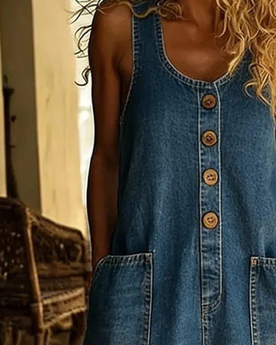 Sukienka Swobodna Kieszeń Kamizelka Dżinsowa