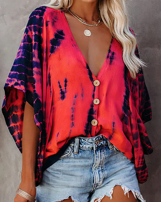 Bluzka V-Szyja Tie-Dye Swobodny