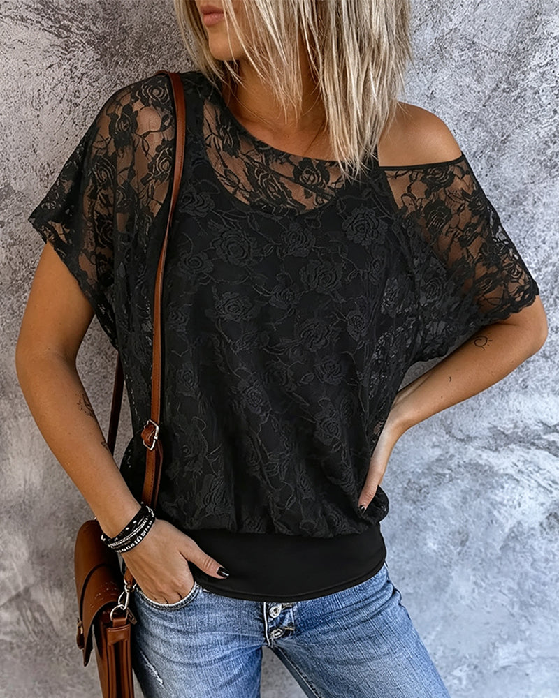 T-Shirt Off-Shoulder Koronka Patchwork Szelki