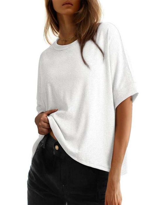 T-Shirt Okrągły Dekolt Luźny Krótki Rękaw