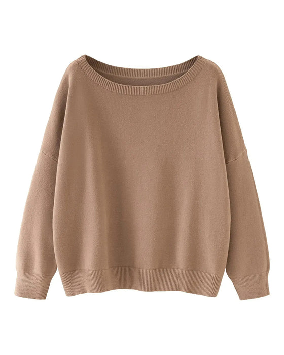 Pullover Okrągły-Dekolt Opadające-Ramię Jednolity Luźny