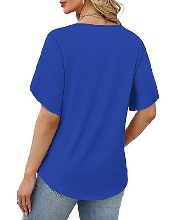 T-Shirt Dekolt W Kształcie Litery V Małe Rozcięcie Krótki Rękaw Jednokolorowy