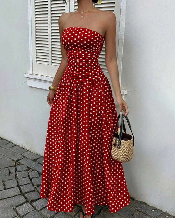 Sukienka Bandeau W Kropki Linia A Długa
