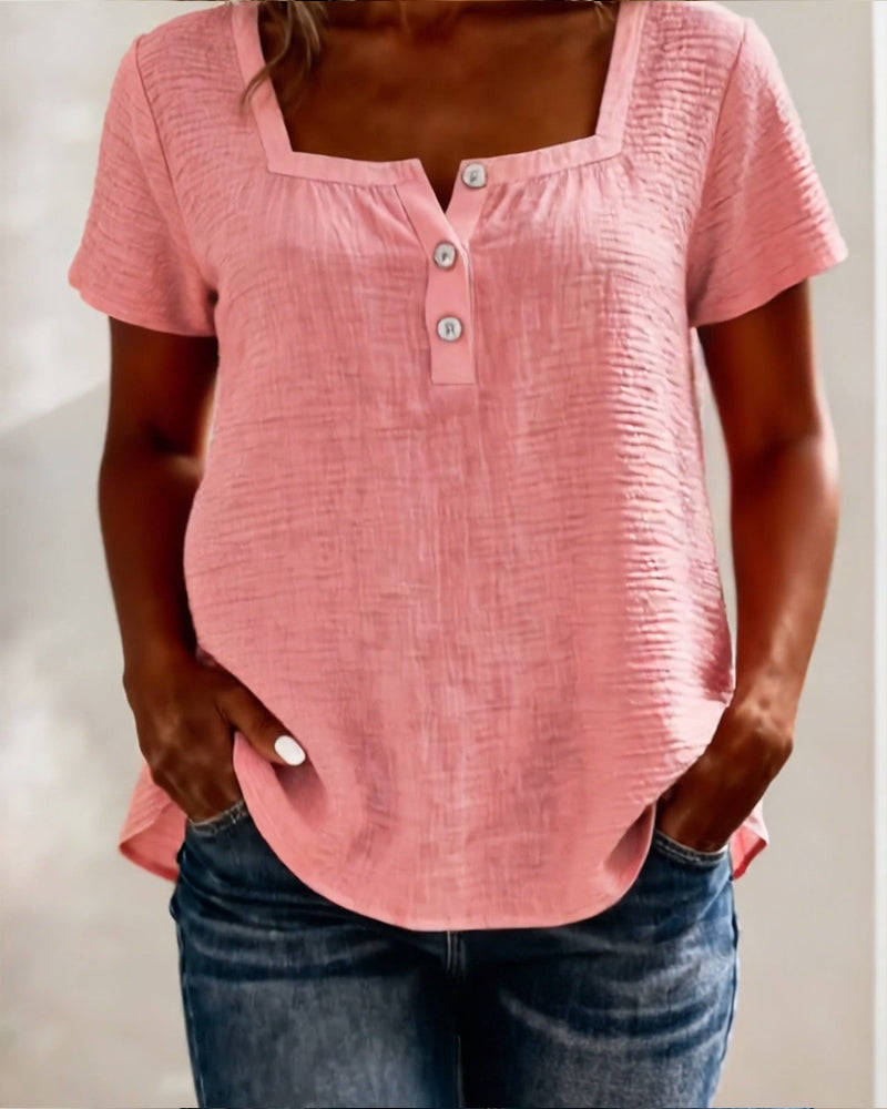 T-Shirt Teksturowany Kwadratowy Dekolt Krótki Rękaw