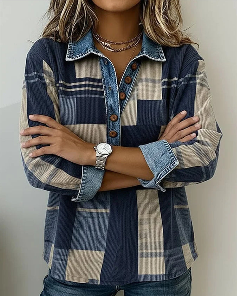 Drukowana Bluza Color-Block Z Zapięciem Na Guziki