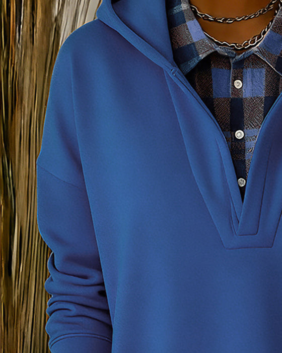 Bluza Z Kapturem Sztuczny Dwuczęściowy Kraciasty Patchwork
