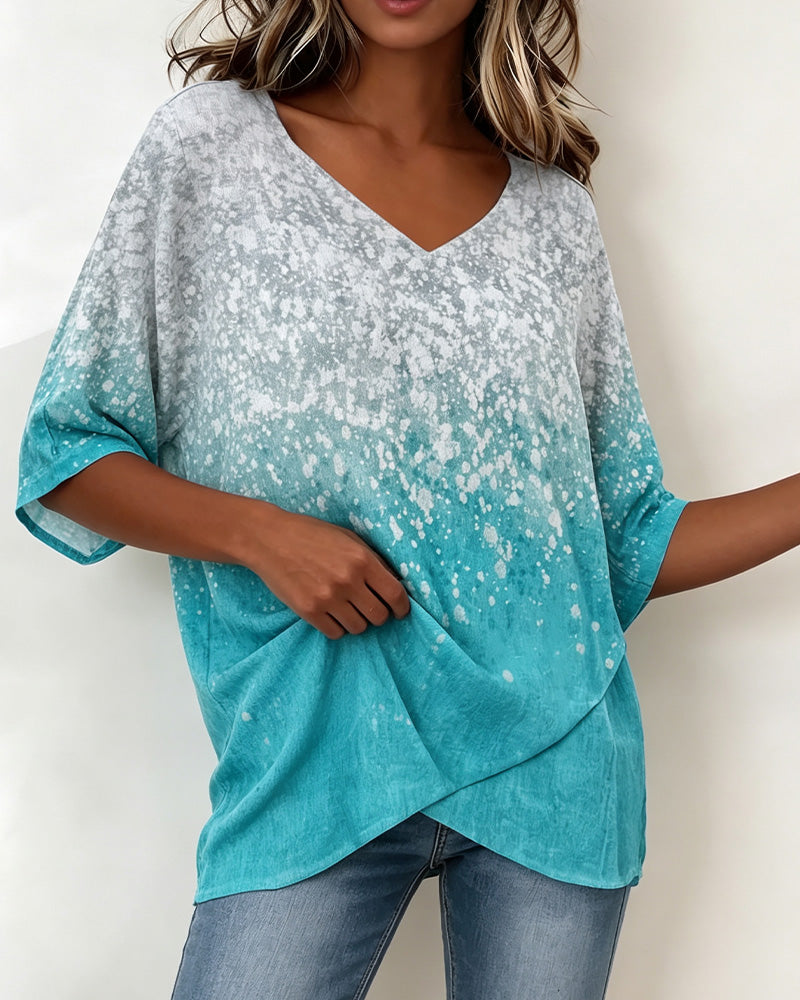 T-Shirt V-Szyjka Płatek Śniegu Gradient Dół Nieregularny