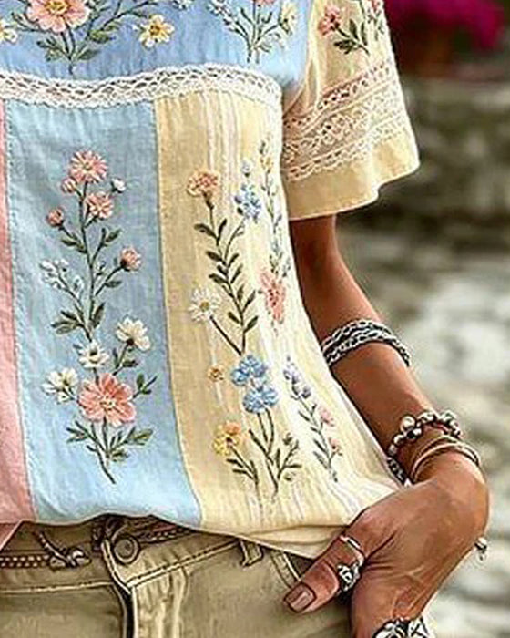 Bluzka Okrągły Dekolt Patchwork Kwiatowy
