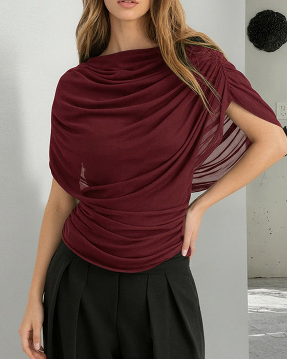Bluzka Mesh Szal Szyja Drapowany Slim Fit