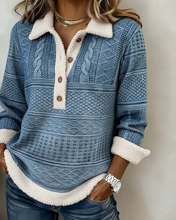 Bluza Z Kołnierzem Patchwork Modna Casual