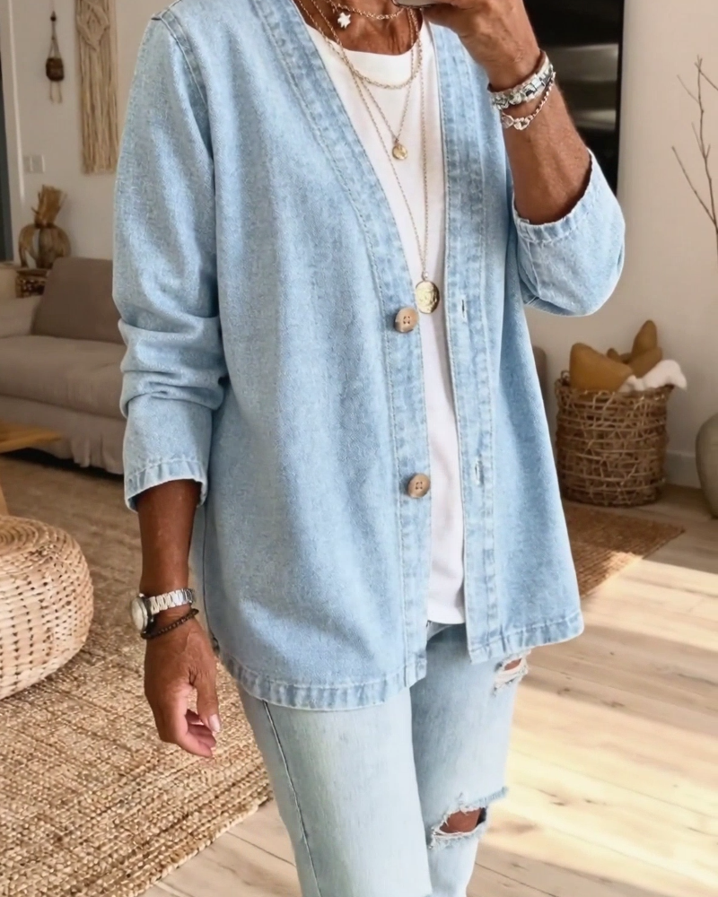Płaszcz Denim Z Dekoltem W Szyję Kardigan