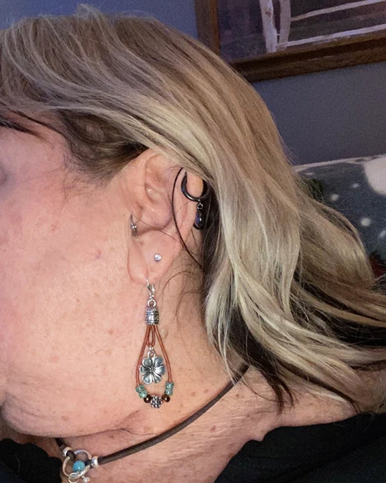 Boho skórzany kwiatowe proste kolczyki