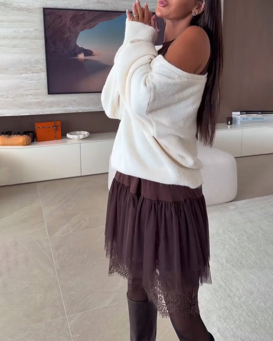 Off-Shoulder Luźny Sweter & Koronka Brzeg Sukienka