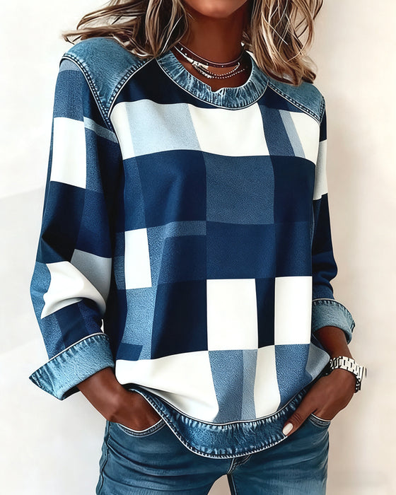 Bluza W Kraciasty Patchwork I Kontrastowym Kolorem