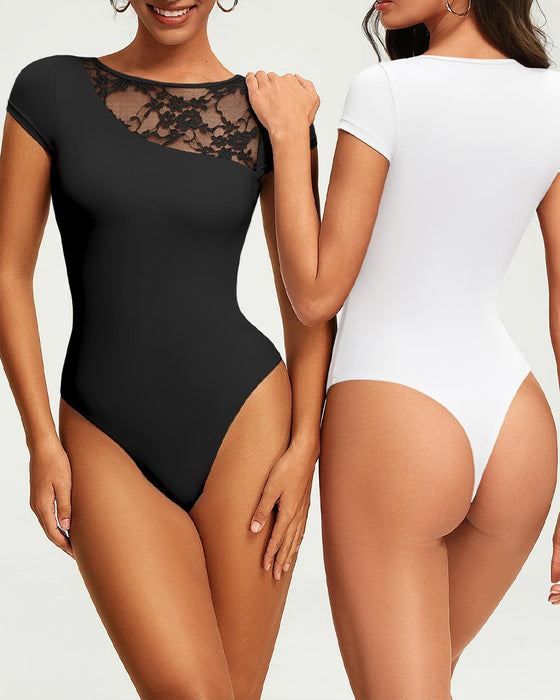 T-Shirt Sheer Koronka Panel Dopasowany Bodysuit