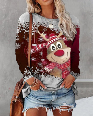 Top z okrągłym dekoltem i bożonarodzeniowym nadrukiem z długim rękawem