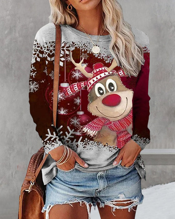 Top z okrągłym dekoltem i bożonarodzeniowym nadrukiem z długim rękawem