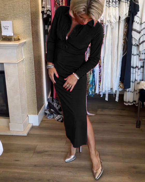 Elegancka sukienka z rozcięciem w jednolitym kolorze