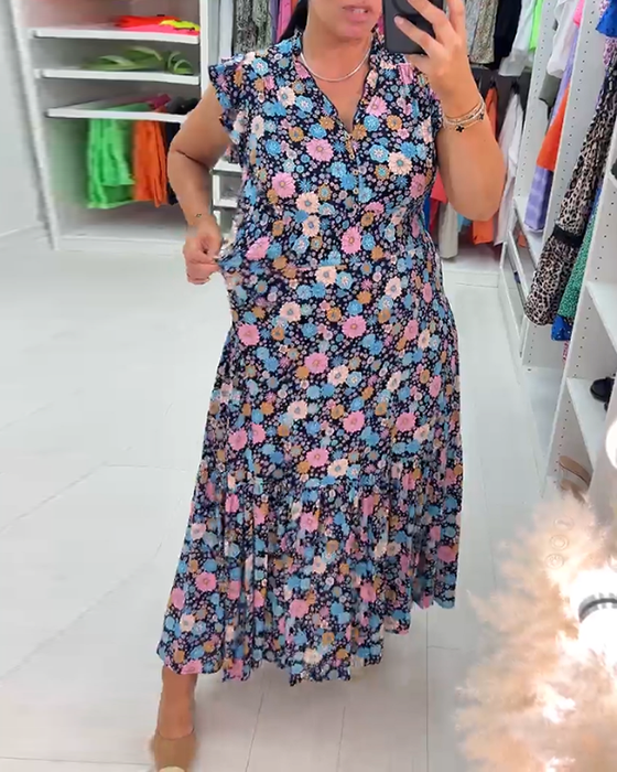 Sukienka bez rękawów w kwiaty z dekoltem w serek