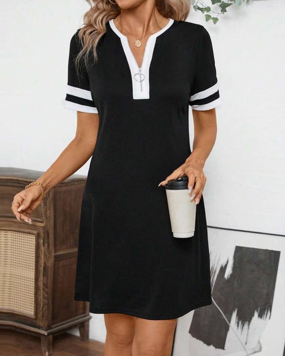 Sukienka Pół-Zamek Kolorowa Blokowa Dopasowana Z Krótkim Rękawem