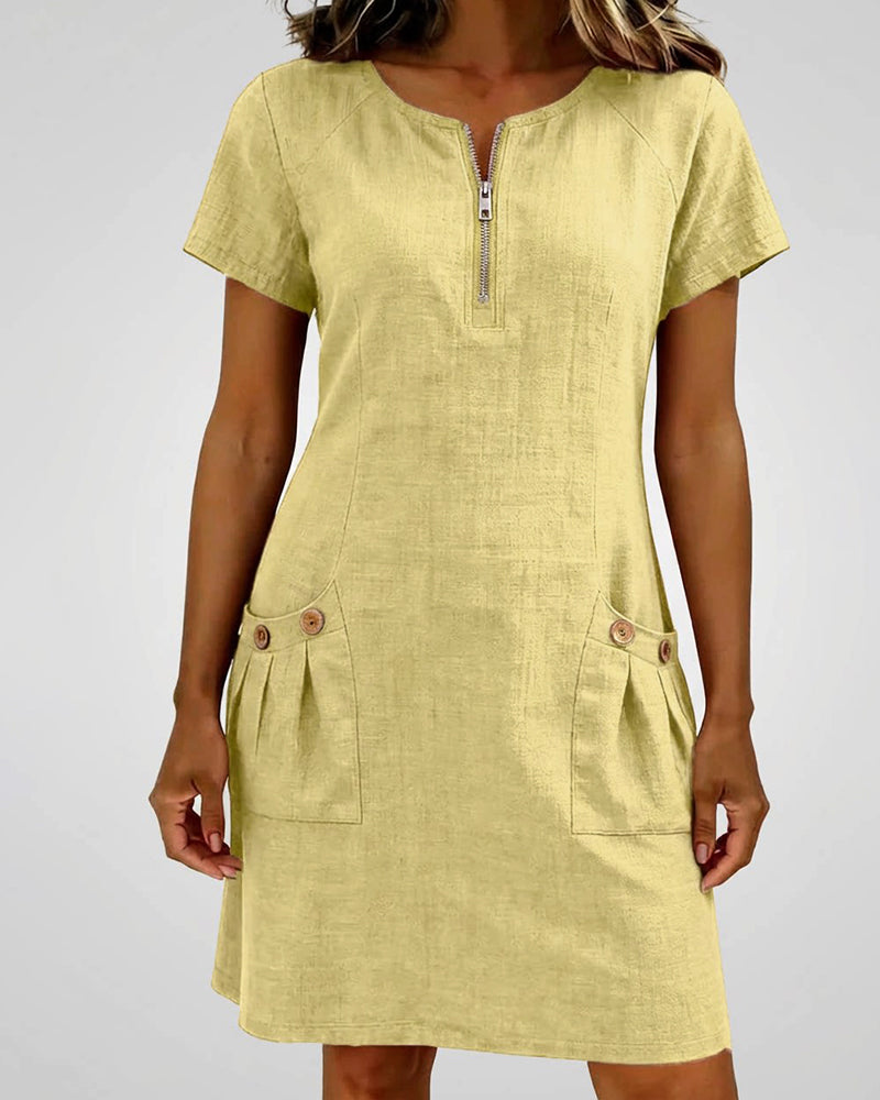 Sukienka Zamek Błyskawiczny Kieszeń Bawełna Len