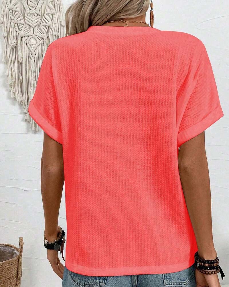 T-Shirt Wafel Dekolt V Guzik