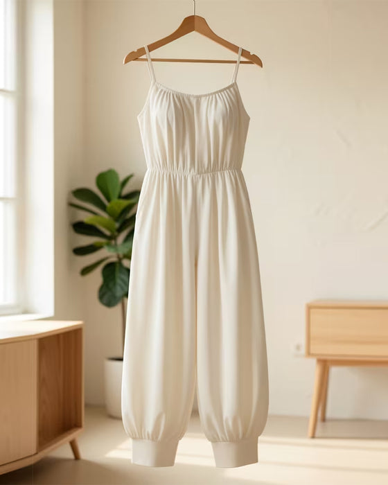 Jumpsuit Ramiączko Spaghetti Plisowany Przepasujący Szeroka Noga