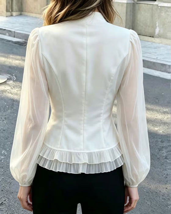 Bluzka Mini Kołnierz Mandarynka Sheer Falbanka