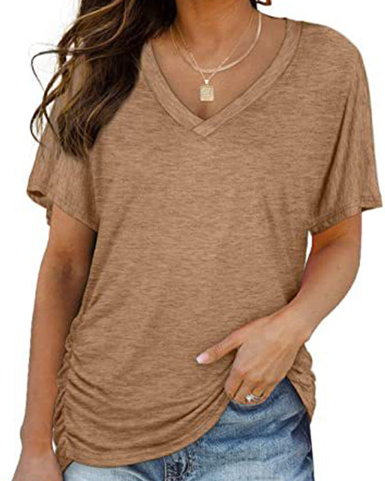 T-Shirt Plisowany Jednokolorowy Dekolt W Serek