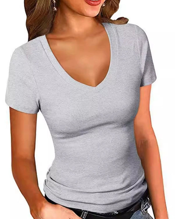 T-Shirt Żebrowany Slim Fit Dekolt W Kształcie Litery V Krótki Rękaw