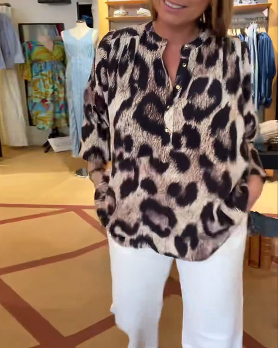 Bluzka Luźna Leopardzi Print Pół Guzik