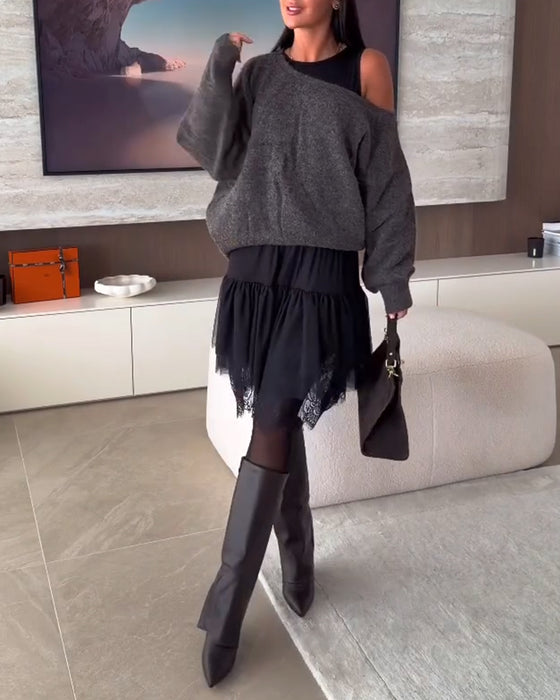Off-Shoulder Luźny Sweter & Koronka Brzeg Sukienka