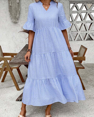 Sukienka Niebieski Biały Gingham V-Szyja