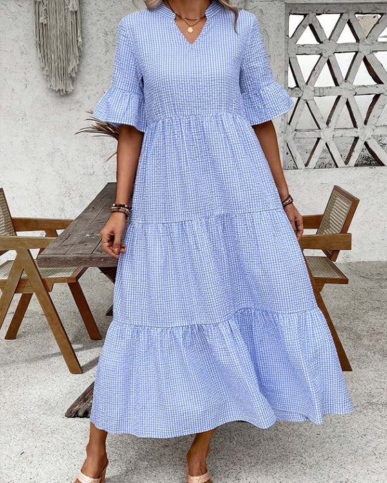 Sukienka Niebieski Biały Gingham V-Szyja