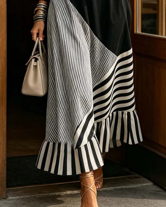 Sukienka V-Szyja Pasek Patchwork Ruffle