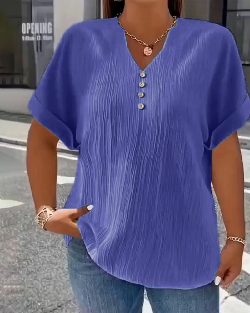 100% Bawełna  T-Shirt V-Dekolt Luźny Teksturowany