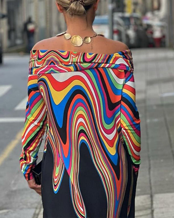 Elegancka sukienka maxi z długim rękawem i odkrytymi ramionami