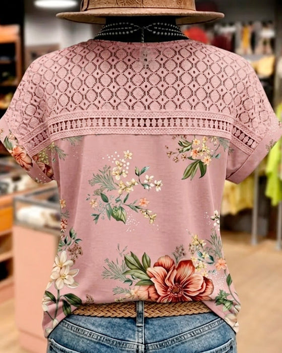 T-Shirt Z Wycięciem Patchwork Krótki Rękaw