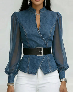 Elegancka Bluzka Z Siateczki I Denimu