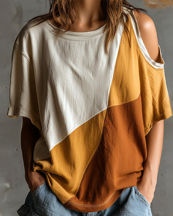 T-Shirt Blok Kolorów Odkryte Ramiona Luźny
