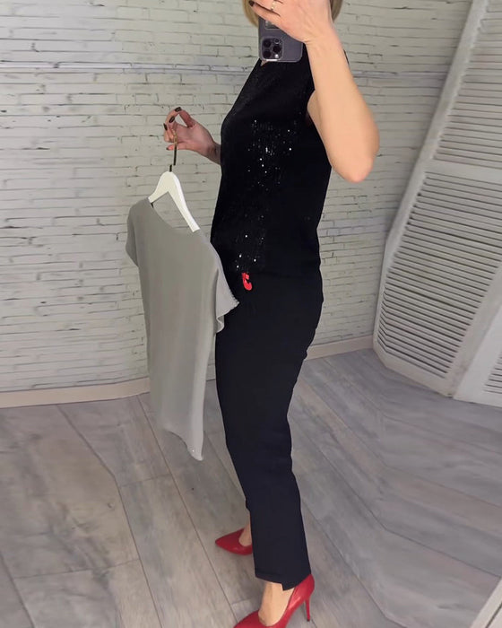 Bluzki damskie z krótkim rękawem, cekinowe