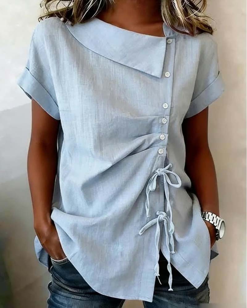 Bluzka Ukośny Sznurek Wiązanie Krótki Rękaw