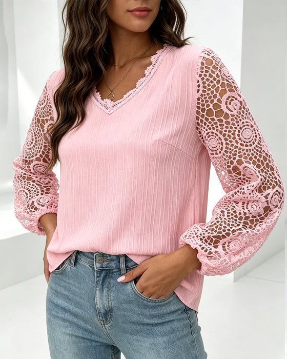 Bluzka V-Szyja Rękaw Lampion Swobodny