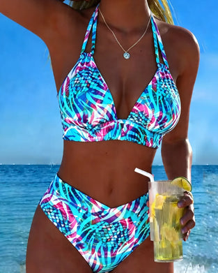 Bikini Z Nadrukiem Wiązane Na Szyi Dwuczęściowe